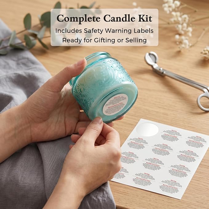 4 oz Blue Sun Moon Stars Candle Jars with Bamboo Lids, 18 Pack | Patented Embossed Design, Includes Wick Centering Devices & Warning Labels, Multiple Color Options