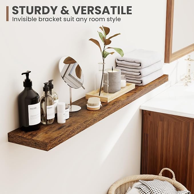 Acovy 36 Inch Floating Shelves, 8 Inch Deep Floating Shelves for Wall, Hanging Shelf with Invisible Brackets, Deep Shelves for Bathroom, Bedroom, Living Room, Brown, Set of 2