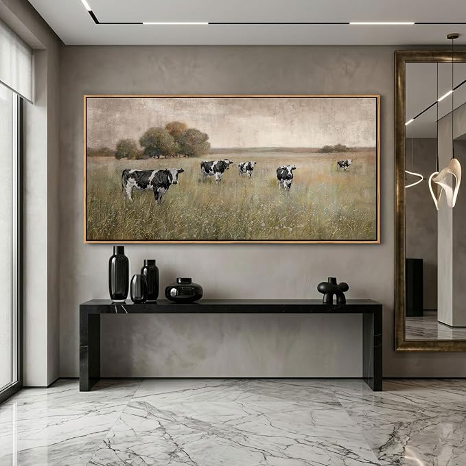 YDYSUNE Large Cow Pasture Wall Art - Rustic Landscape Canvas Print,Beige and Black Farm Animal Framed Picture,Grazing Cows Painting for Living Room Bedroom Country Kitchen Decor Artwork 29×58inch