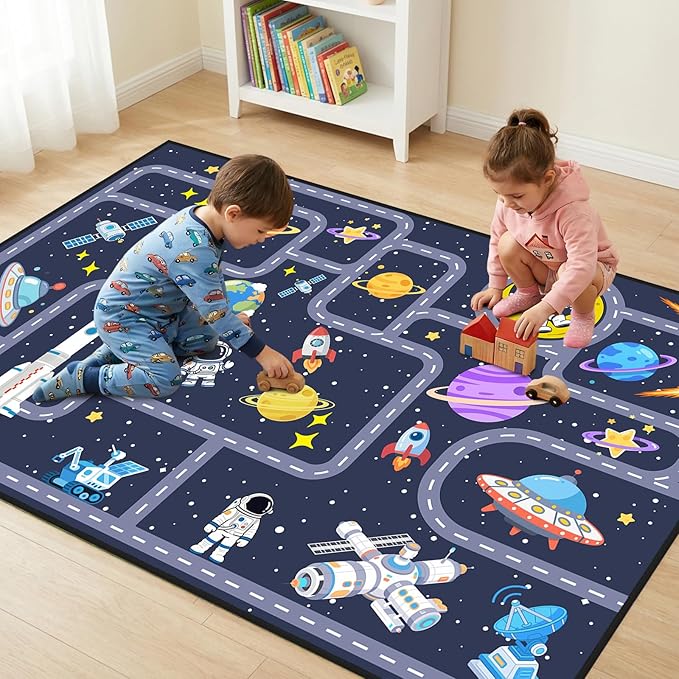 Space Rug for Boys Room 3x5 Feet, Solar System Kids Rugs for Bedroom, Non Slip Galaxy Play Mat, Educational Planet Carpet with Track for Playroom Nursery Classroom Decor