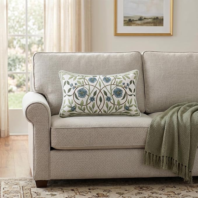ISAENNE Designer Linen Throw Pillow Cover,Set of 2,20"x12"-Mosella A | French Elegant Rectangle Decor Pillow Cover,Concealed Zipper Design,Floral Pattern,Sofa,Bedroom,Living Room,Lounge Chairs