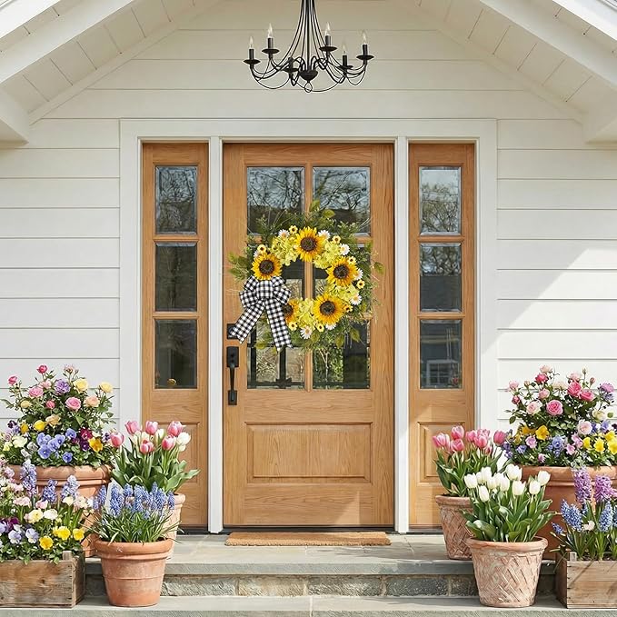 Sunflower Wreaths for Front Door, 22 Inch Spring and Summer Welcome Wreath with Bow for Farmhouse Porch Wall Window Home Decor for Indoor Outdoor Housewarming Gift