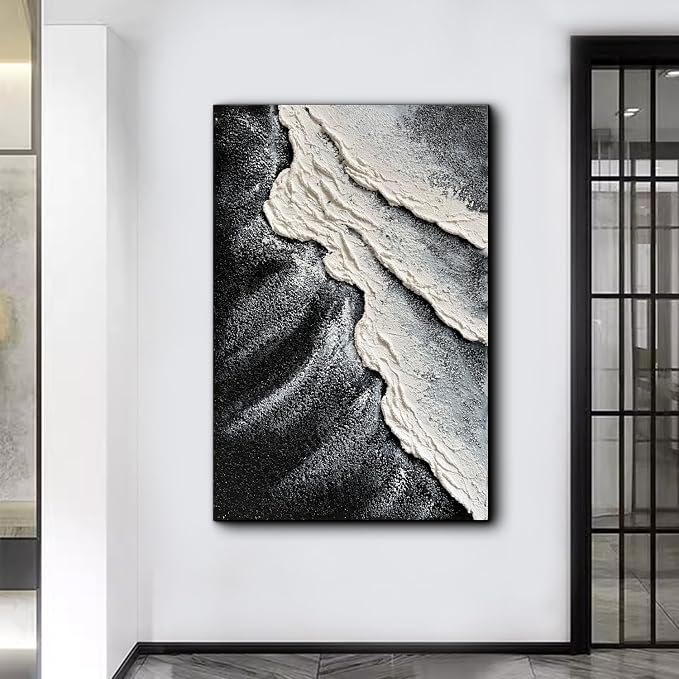 Creespi Hand Painted Black and White Abstract Canvas Wall Art 24x36 inch,Textured Ocean Wave Landscape Oil Painting Home Wall Decor
