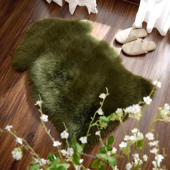 Premium Genuine Sheepskin Area Ruge - Real Wool Fur Shaggy Carpet | Fluffy Soft Natural Lambskin Rug Seat Chair Covers for Couch Sofa Bedroom Living Room(Dark Green,2×3 Feet Sheepskin)
