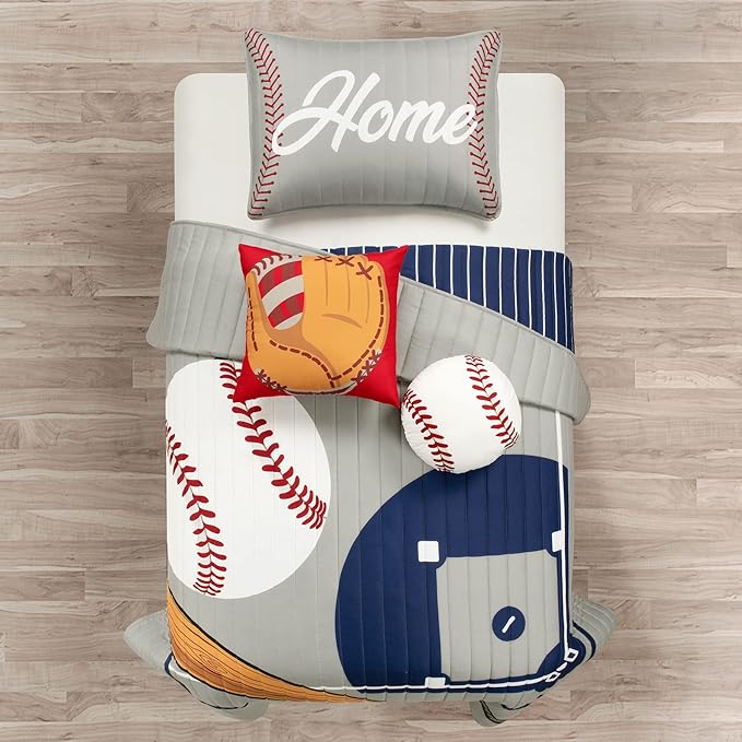 Lush Decor Baseball Game Reversible Quilt Twin Size 4 Piece Set Gray & Navy - Toddler Bedding Set Twin Quilt - Sports Bedroom Decor - Baseball Bedding