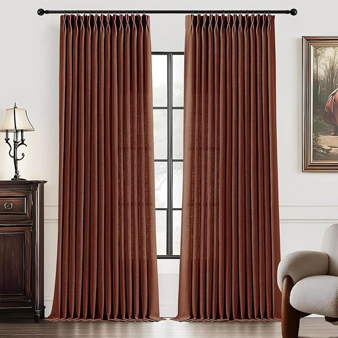 Reddish Brown Pinch Pleated Linen Curtains 96 Inches Long for Living Room, Light Filtering Pleat Drapes Textured Thick Ceiling Semi-Sheer Window Curtain with Hooks for Bedroom Balcony, 2 Panels