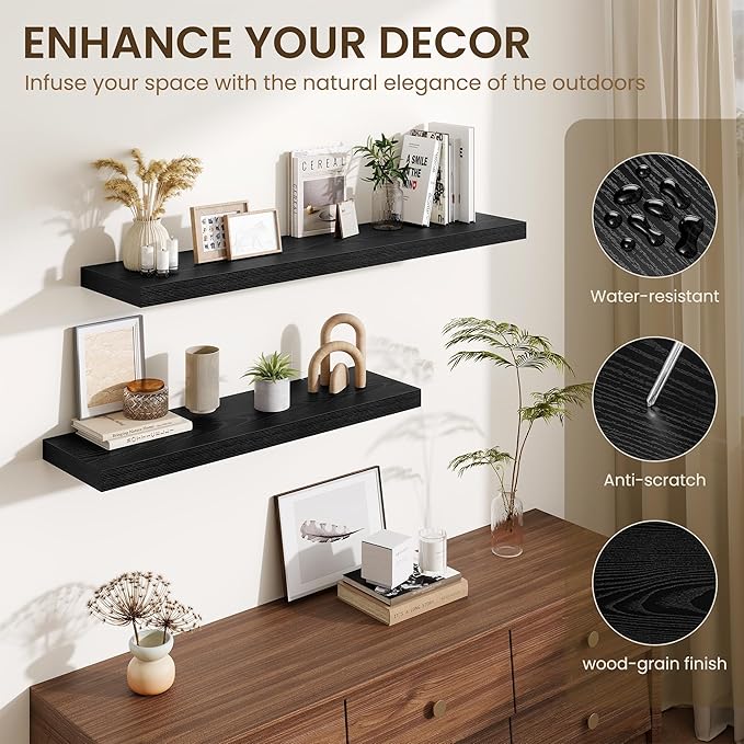 Fun Memories Floating Shelves for Wall, 30 Inch Long Floating Shelves Set of 3, 30 x 10 Wooden Shelves for Wall, Large Storage Shelves, Hanging Shelves for Bathroom Kitchen Bedroom, Black