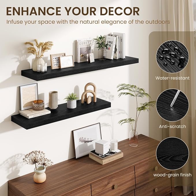 Fun Memories Floating Shelves Set of 2, 40 Inch Long Wooden Wall Shelves, 10 Inch Deep Wall Mounted Storage Shelf with Metal Brackets for Living Room, Bathroom, Bedroom and Kitchen, Black