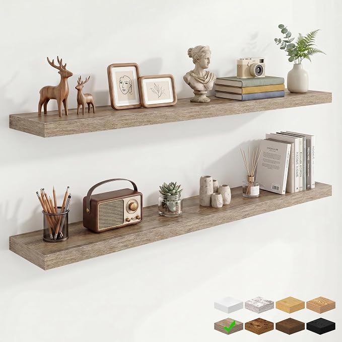Marsmiles 55in Floating Shelves for Wall, 55" W x 9.25" D x 1.5" H, Long Wall Mounted Engineered Wood Shelves with Invisible Brackets for Living Room, Bedroom, Bathroom, Kitchen, Grey, 2Pcs