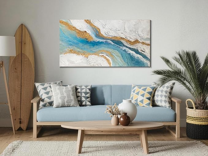 Arjun Abstract Wall Art for Living Room Blue Minimalism White Gold Canvas Painting Bedroom, Modern Picture Prints with Textured Artwork Framed Hallway Kitchen Home Office Decor 40“x20”
