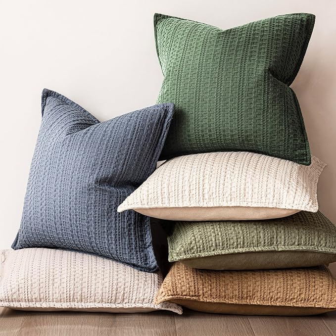Foindtower Set of 2 Decorative Cotton Waffle Weave Throw Pillow Covers Euro Shams Cushion Covers Accent European Pillowcase for Bed Couch Sofa Bedroom Living Room Home Decor 24×24 Inch Dark Green