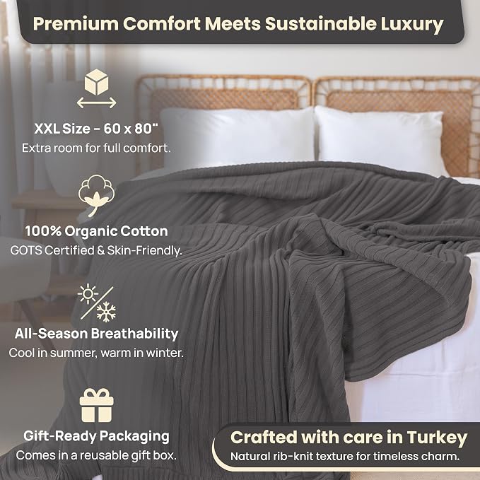 100% Organic Cotton Knit Blanket Denise, Soft and Lightweight, Breathable All-Season Throw for Bed, Sofa, or Lounge Area -GOTS Certified-Perfect for Home and Bedroom Styling (Charcoal, 60x80)