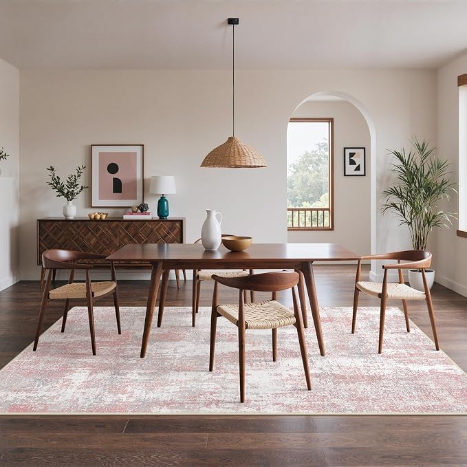 BEIMO Area Rugs 5x7 for Living Room Bedroom, Modern Abstract Machine Washable Rug, Large Soft Low Pile Floor Carpet with Non Slip Backing for Dining Room, Pink/Grey