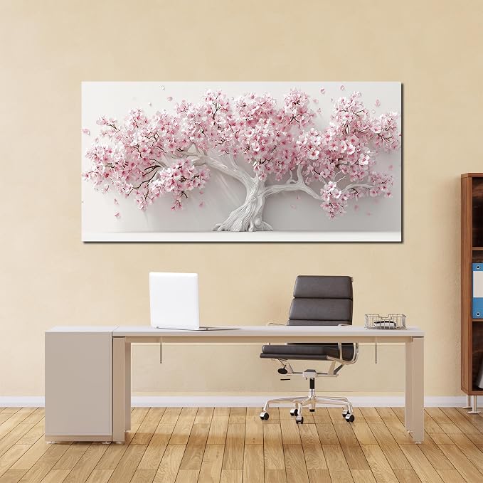 AOZEMI White Wall Art for Living Room Bedroom Home Office Pink Wall Decor Large Tree Pictures Art Flower Artwork Modern Floral Canvas 29"x 59"