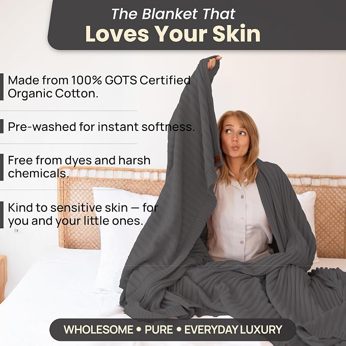 100% Organic Cotton Knit Blanket Denise, Soft and Lightweight, Breathable All-Season Throw for Bed, Sofa, or Lounge Area -GOTS Certified-Perfect for Home and Bedroom Styling (Charcoal, 60x80)