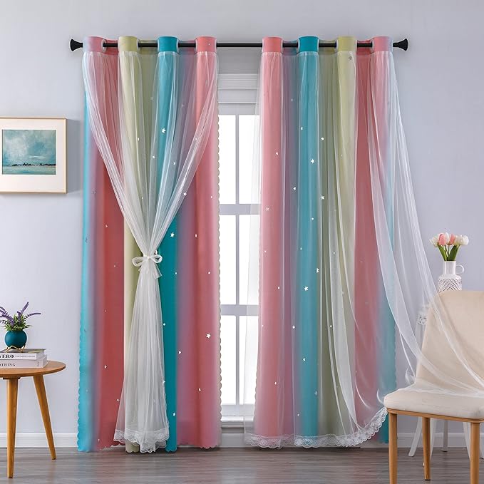 XiDi Curtains for Girls Bedroom Decro,Full Blackout 84 Inches Long for Kids Room, Colorful Rainbow Style, Unicorn Wall Decor Ombre Curtains, Princess Room Pink/Blue