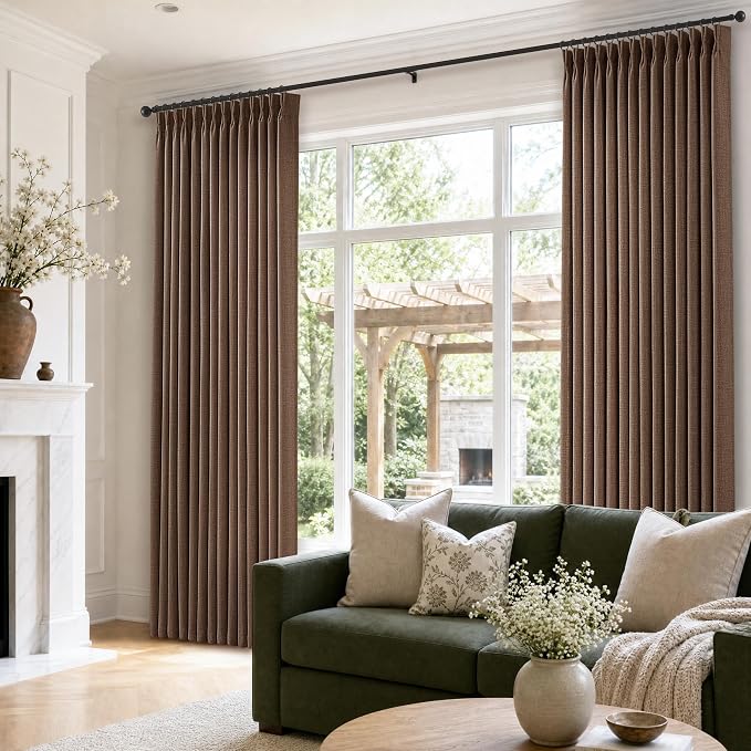 Pinch Pleated Linen Semi Sheer Curtains 86 Inches Long Dark Chocolate Brown Memory Training Light Filtering Pleat Curtains for Living Room Bedroom Rustic Vintage Office Dining Room Window Drapes 40x86