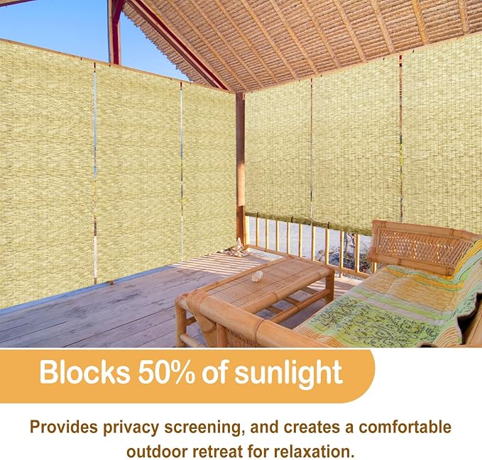 DoubleFill 2 Pcs Bamboo Shades Outdoor Reed Roll up Blinds 48" W x 72" H Blackout Sunshade Cordless Bamboo Blinds for Home Porch, Patio & Windows Decor Shutters Sunlight Privacy Screen(Natural)