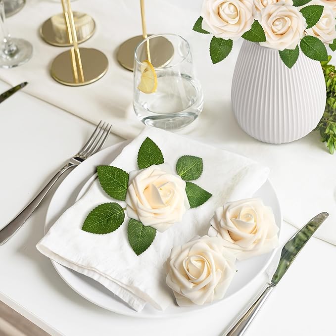 Mocoosy 50Pcs Rose Artificial Flowers, Cream White Fake Roses for Decoration, Real Touch Beige Foam Rose Bulk with Stem DIY Wedding Bouquet Bridal Shower Mother's Day Floral Arrangement Table Decor