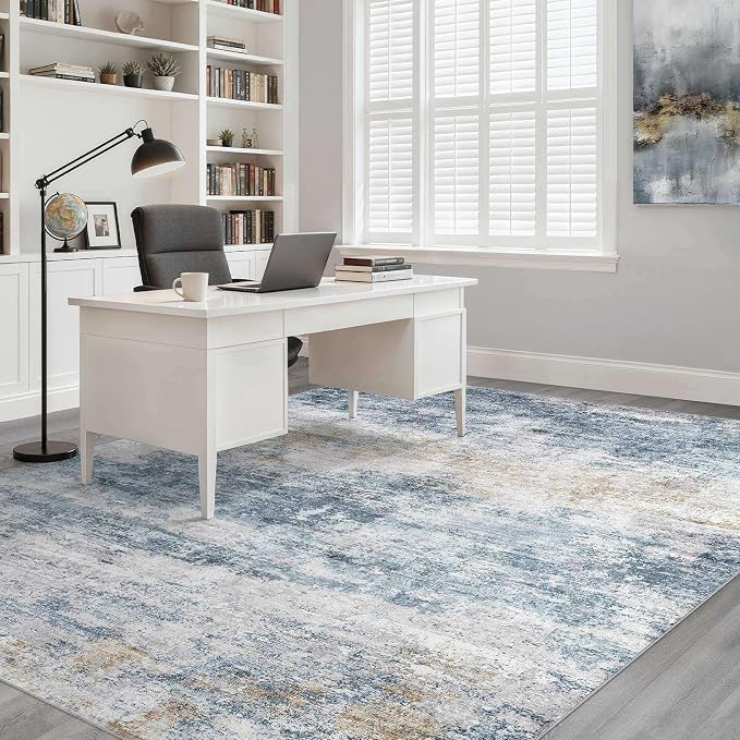 6x9 Area Rugs Living Room: Washable Large Neutral Rug Abstract Soft Modern Stain Resistant Indoor Floor Non-Slip Carpet for Bedroom Nursery Kids Office Playroom Dining Room Under Table- Blue Gold