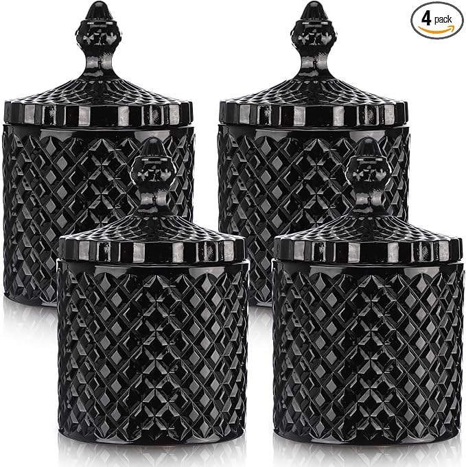 Aoriher 4 Pcs Crystal Glass Candy Jar Set with Lids Home Decorative Storage Jars for Apothecary, Bathroom, Kitchen, and Pantry, Ideal for Cotton Swabs and Jewelry(Large,Black)
