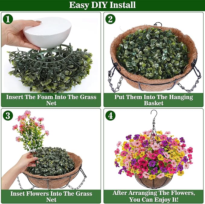 2 Sets Artificial Hanging Plants Flowers Basket Outdoor, Fake Hanging Plants Set of 2 Includes 24 Pcs Flowers for Porch, Patio, Garden, Home Decor in Spring Summer (Red, Purple, Yellow, Rose Red)