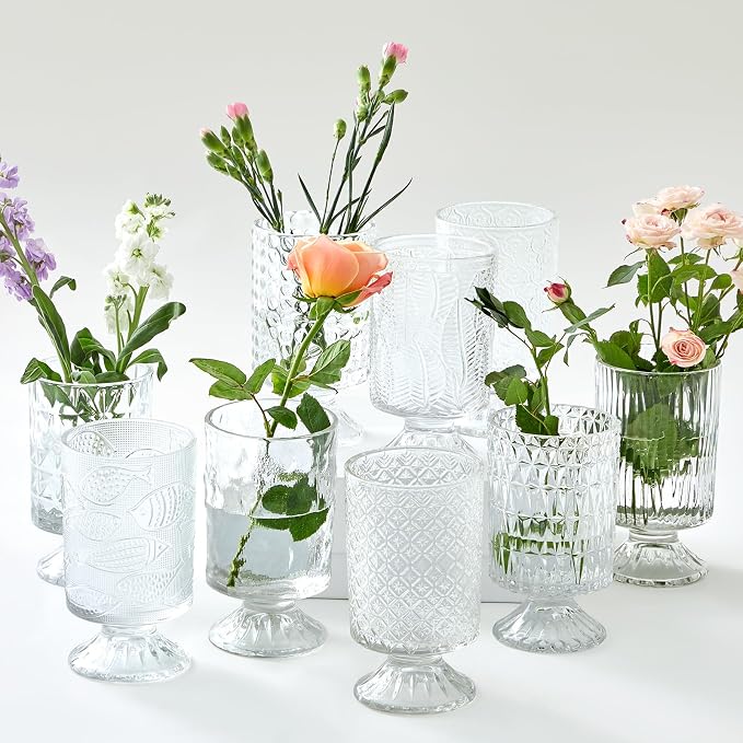9 Pcs (H: 7" W: 4") Embossed Flower Vase Pedestal Glass Vase Big Base Thickened Crystal Vintage Vases for Wedding Party Home Decor Table Centerpiece House Warming Gifts (Clear,Stylish)