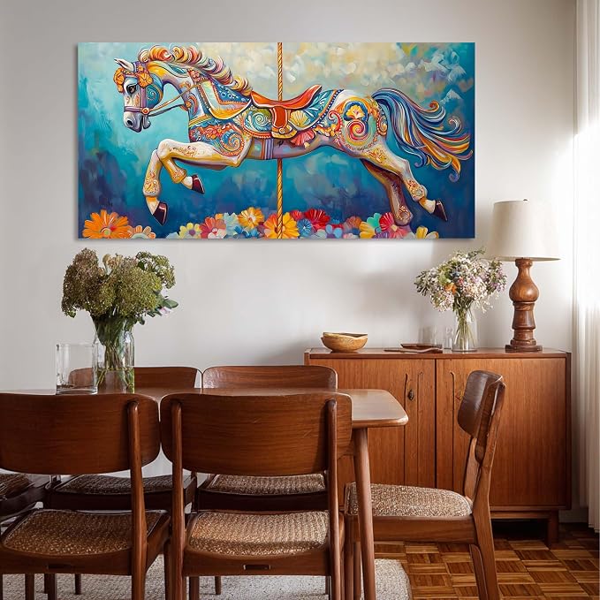 Ggaafet Colorful Carousel Wall Art for Living Room Canvas Oil Painting Prints Beautiful Circus Horse Art Deco Modern Artwork Office Bedroom Family Dining Room Decor Extra Large