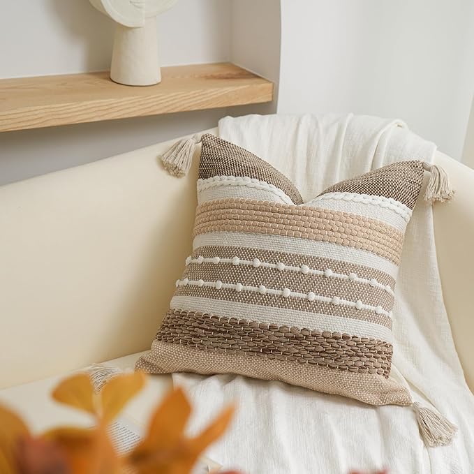 BlissBlush Boho Decorative Throw Pillow Cover 22x22 Square Brown Accent Pillowcase Tassels Farmhouse Cushion for Couch Sofa Bedroom Livingroom Home Décor Cover ONLY (Pack of 1)
