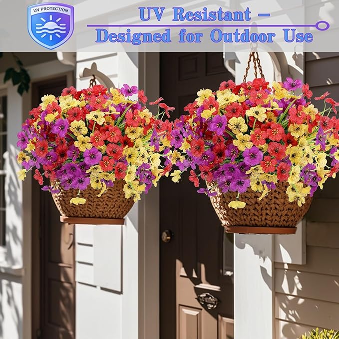 Geegoods Artificial Mums Flowers for Outdoors, 12 Bundles UV Resistant Fake Plastic Colorful Mix Flowers for Patio Porch Spring Summer Decor