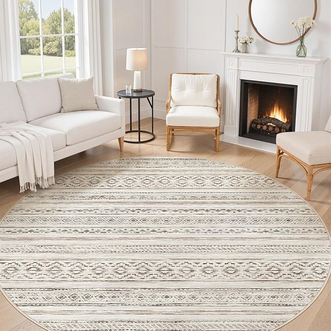 cotiled 8x8 Round Area Rug Living Room: Washable Boho Rugs with Non Slip Backing Large Soft Indoor Stain Resistant Carpet for Bedroom Farmhouse Dining Room Lightweight Home Decor Cream Brown