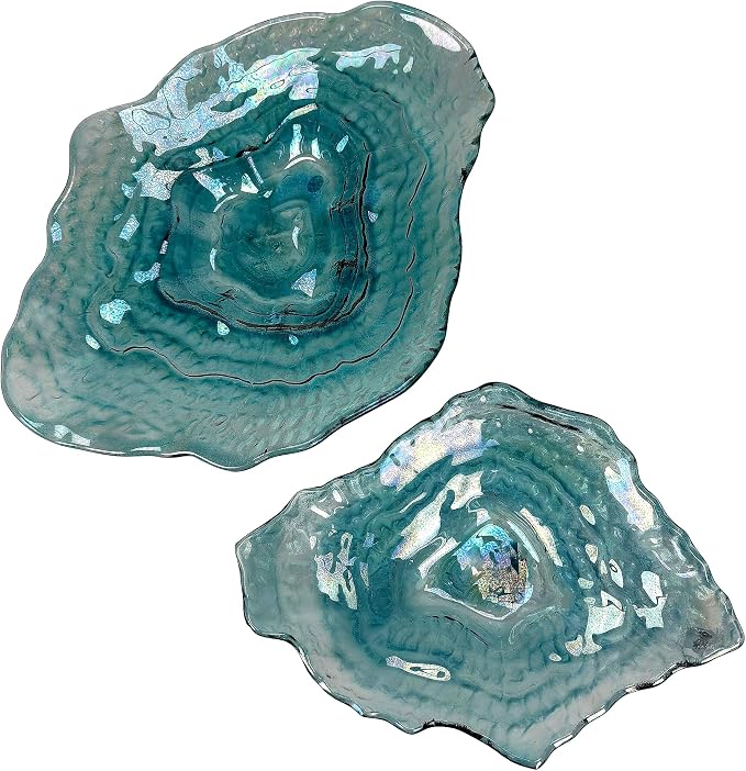 Set of 2 Oyster Shell Decorative Plates, 13 and 10 Inch Sea Blue Glass | Two Sizes for Layered Display, Wavy Uneven Rims, Glossy Finish Shifts Green, Purple, And Smoky Tones