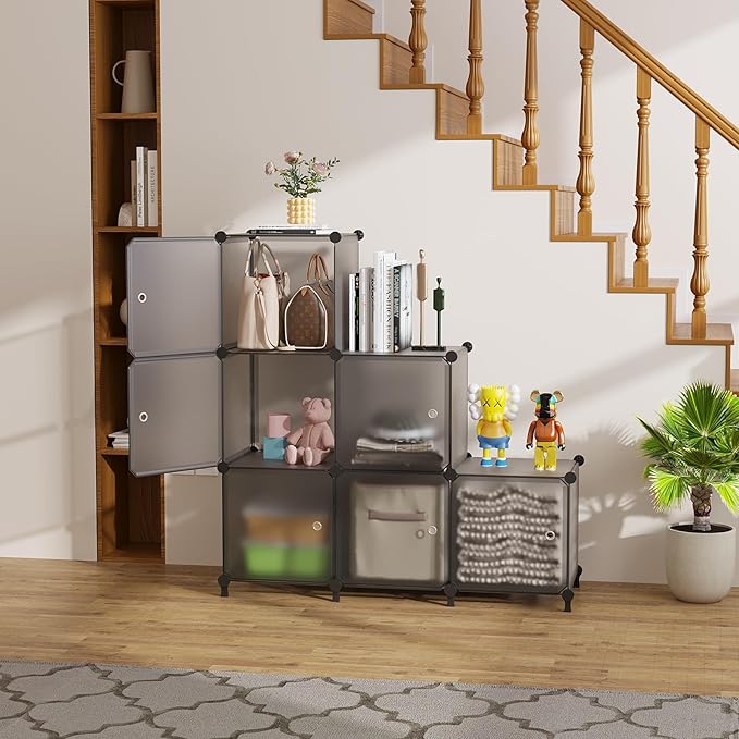 6-Cube Storage Unit with Doors, Cube Organizer for Bedroom, Wardrobe & Under Stairs, 30x30x30cm Compartments, Space-Saving Closet Storage, Grey ATTSL6004