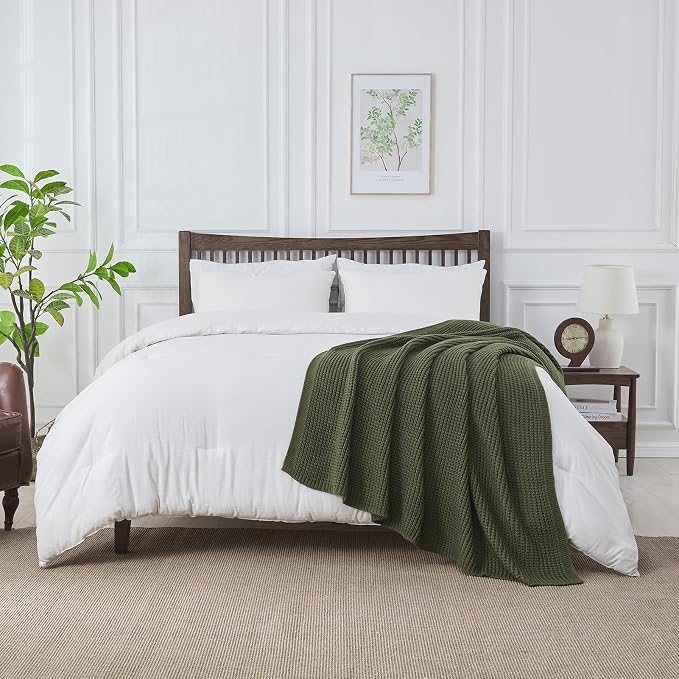 Douceur Olive Green Throw Blanket for Bed, Soft Chunky Cable Knit Throw Blanket, Classic Fisherman's Rib Stitch Pattern Throw for Living Room Gift, 60"X80"
