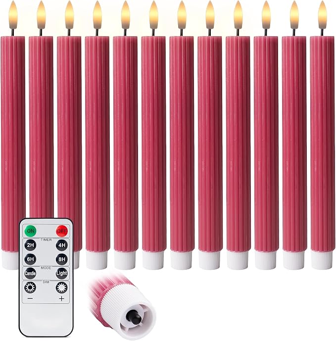 12 Pack, 10" LED Flameless Pink Fluted Ribbed Grooved Taper Candles with 2 Remotes & 24h Timer Memory, On/Off Button, Dimmable, Flicker Mode, Battery Operated, Christmas Menorah Wedding