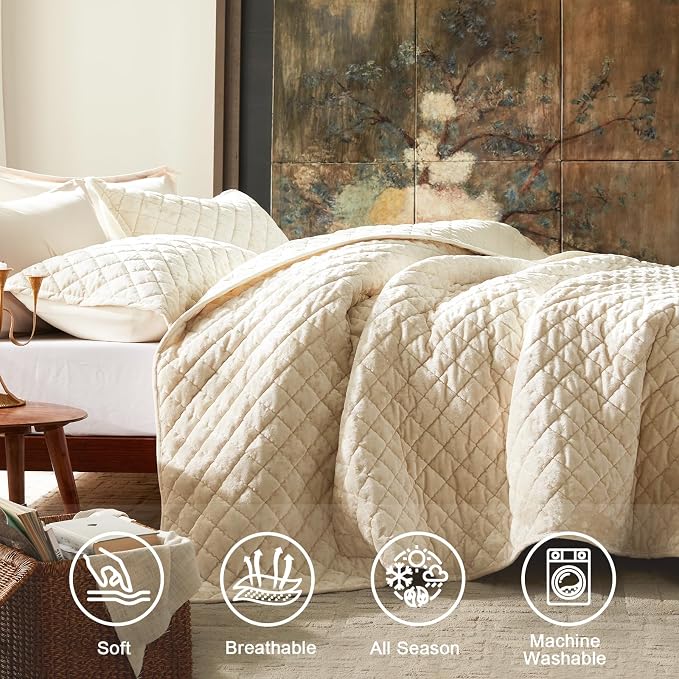 Cosybay Luxury Velvet Quilt Set Queen, Lightweight Oversized Bedspread Coverlet Quilted Box Stitch Bedding Set, with 2 Matching Pillow Shams, for All Season, Cream White