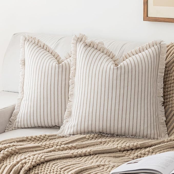 YEENAASY Throw Pillow Covers 16x16 Set of 2 Striped Fringe Pillow Cover Farmhouse Cushion Covers with Tassel Neutral Boho Pillows Decorative Square Pillowcase for Couch Sofa Bed, Khaki