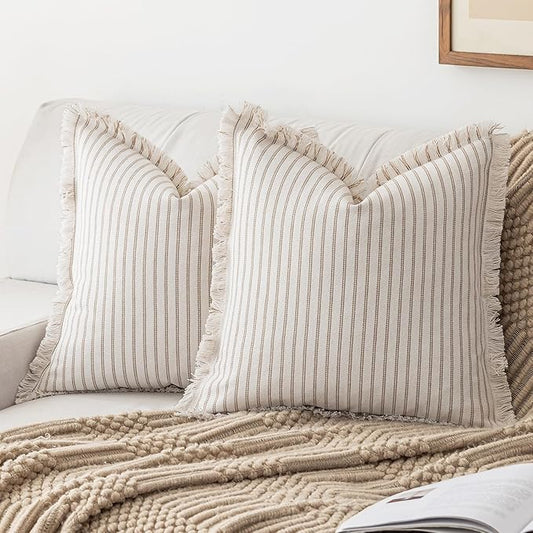 YEENAASY Throw Pillow Covers 16x16 Set of 2 Striped Fringe Pillow Cover Farmhouse Cushion Covers with Tassel Neutral Boho Pillows Decorative Square Pillowcase for Couch Sofa Bed, Khaki
