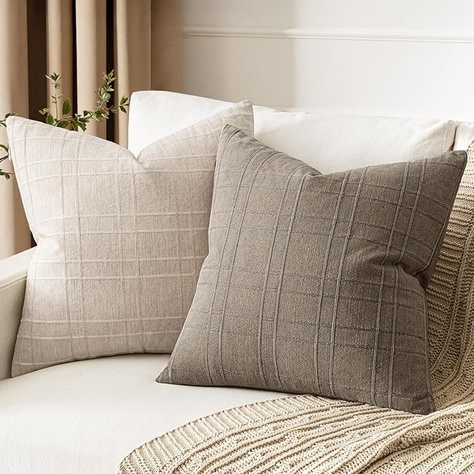 MIULEE Decorative Linen Check Throw Pillow Covers Neutral Farmhouse Vintage Pillow Covers 20x20 Set of 2 Boho Modern Winter Home Decor for Sofa Couch Bedroom Cushion Tan Taupe