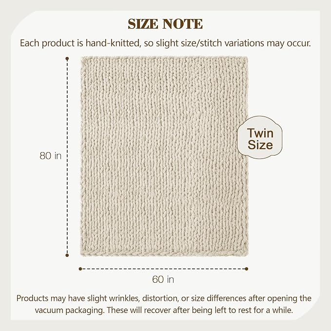 Carriediosa Chunky Knit Throw Blanket 60" X 80" Twin, 100% Hand Made Large Chenille Loop Yarn Soft Fluffy Throws for Couch Sofa Bed, Big Crochet Cozy Heavy Thick Cable Woven Blanket, Light Beige