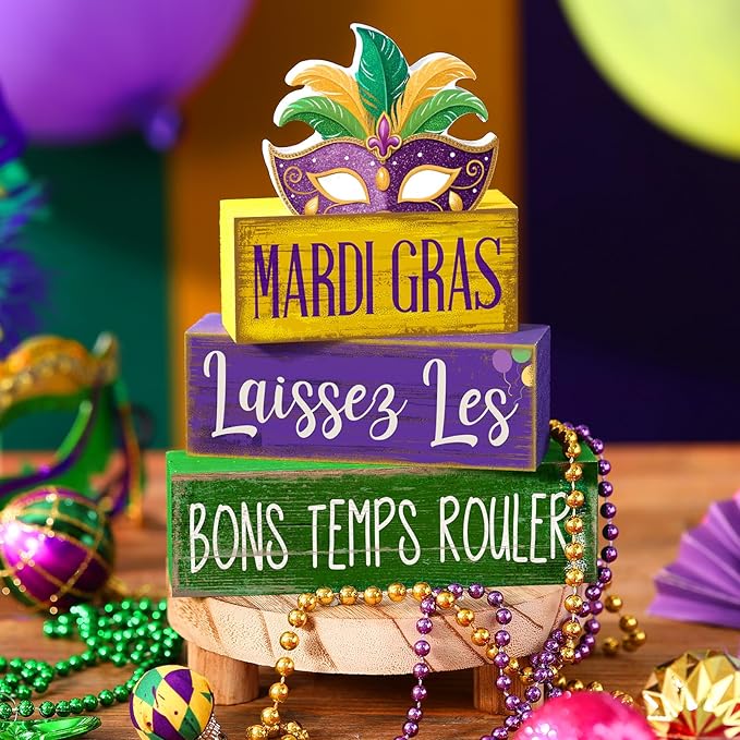 Lineshading 4 Pcs Mardi Gras Table Decorations Wooden Mask Purple Golden Green Carnival Tiered Tray Decor Mardi Gras Centerpieces Decorative Mask Block Signs Gifts for Masquerade Party Home Kitchen