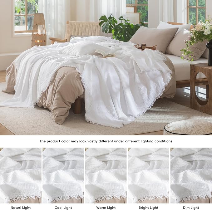 MooMee Muslin Blanket - 100% Cotton 4-Layer Gauze Throw Blanket with All-Around Fringe, Soft Breathable Lightweight Cooling Summer Blankets for Bed Couch (Bright White,King 104" x 90")
