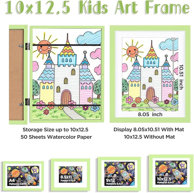 KINLINK 10x12.5 Kids Art Frame Set of 2, Solid Wood Kids Artwork Frames Changeable with Front Opening Hold 150 Pictures, Art Frames for Kids Art with Mat，without Mat 10x12.5 Picture Frame Light Green