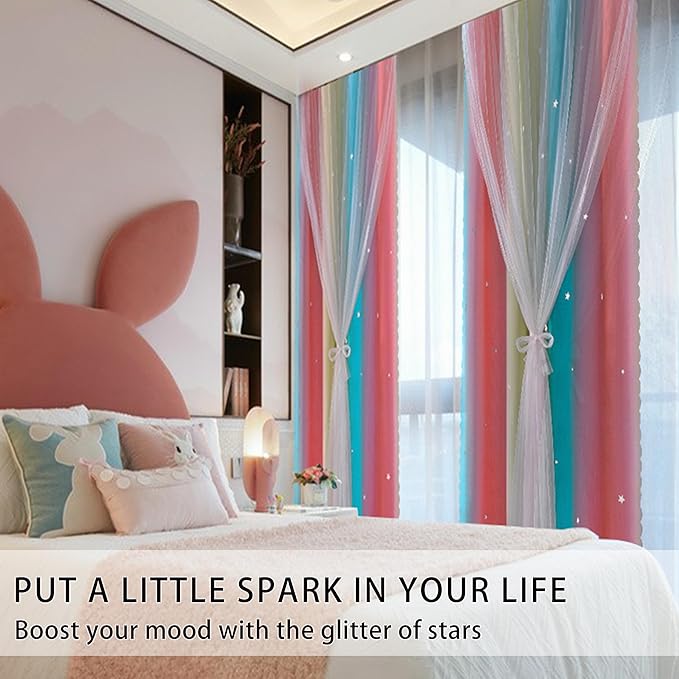 XiDi Curtains for Girls Bedroom Decro,Full Blackout 84 Inches Long for Kids Room, Colorful Rainbow Style, Unicorn Wall Decor Ombre Curtains, Princess Room Pink/Blue