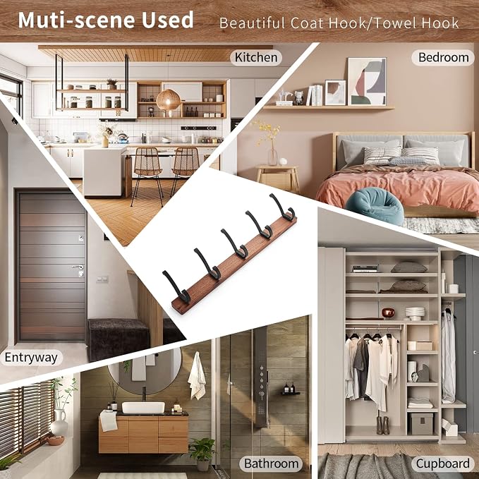 Coat Rack Wall Mounted, Heavy Duty Walnut Wood Hook Rack Rail with 5 Double Dual Metal Wall Hooks for Hanging Coats, 19.7" Long Hanging Coat Hanger for Entryway, Bathroom, Bedroom (Black)
