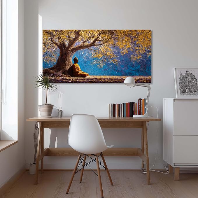 Ggaafet Gold Buddha Wall Art for Living Room Canvas Painting Prints Golden Tree Buda Calming Buddhist Art Deco Fantasy Artwork Office Bedroom Listening Dining Room Decor Extra Large