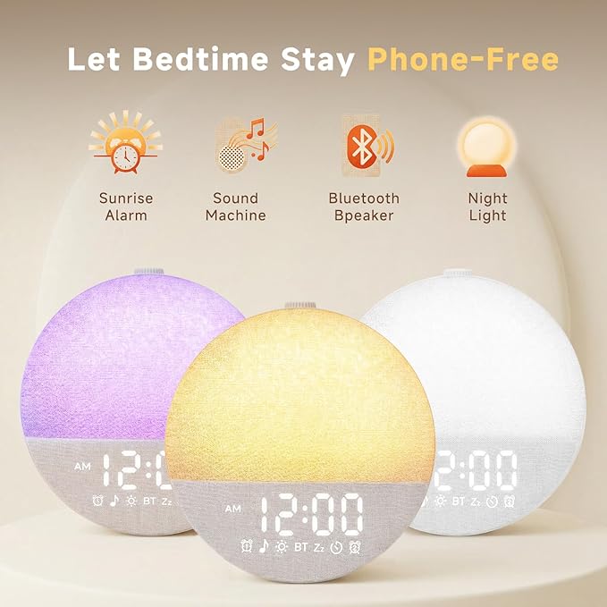 Geuuap Sunrise Alarm Clock White Noise Machine | Natural Wake-Up Light for Bedroom with 30 Soothing Sleep Aids, Bluetooth Speaker, Dimmable Clock, Screen-Free Design for Baby Adults Kids-Grey