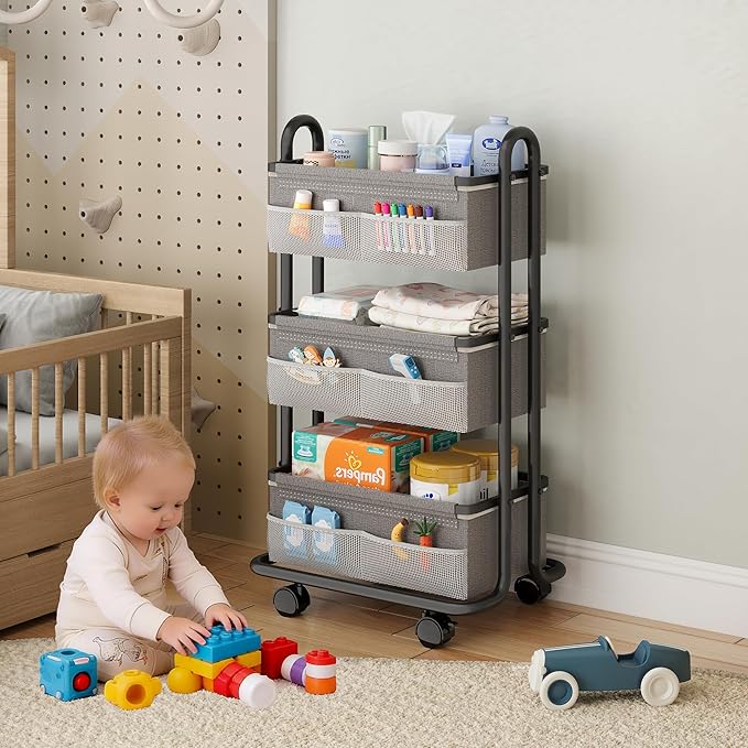 3-Tier Baby Diaper Caddy Organizer Cart, Mobile Nursery Storage Carts with Wheels, 3 Dividers & 6 Mesh Pockets Durable Metal Utility Cart for Nursery, Bedroom, Bathroom, Baby Essentials Organization
