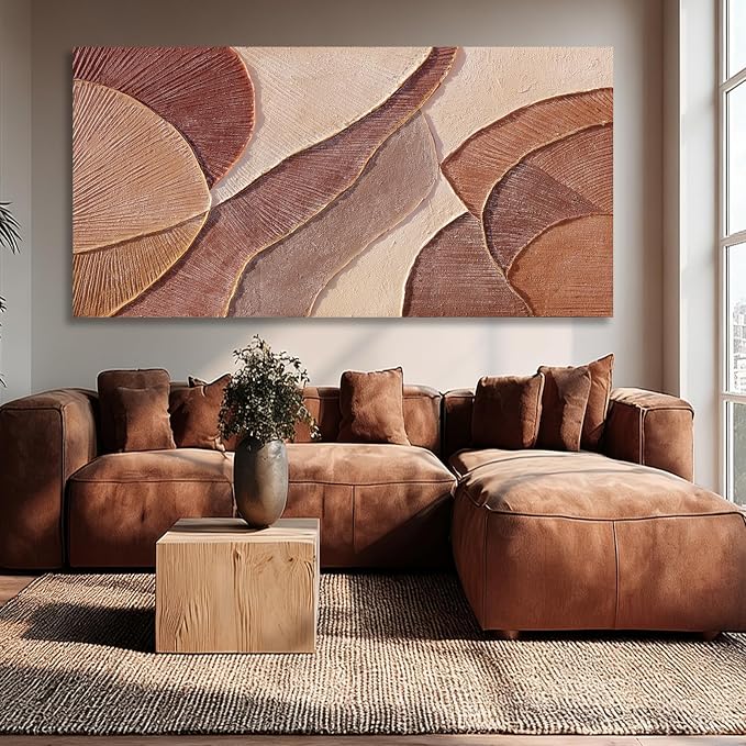 Dolidoteart Brown Beige Canvas Wall Art, Oversized Hand Painted Abstract Oil Painting for Living Room, Large Textured Horizontal Wall Decor for Bedroom Office, 29x58 Inch