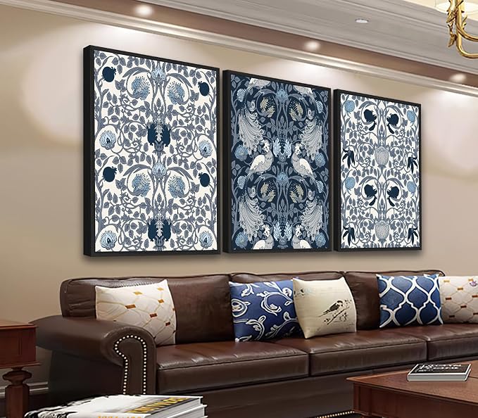 Large Framed Canvas Wall Art - Navy Blue Pictures William Morris Style for Living Room Boho Prints Bird Flower Wall Decor for Bedroom Dining Room Black Float Frame 24" X 36" X 3 Pieces